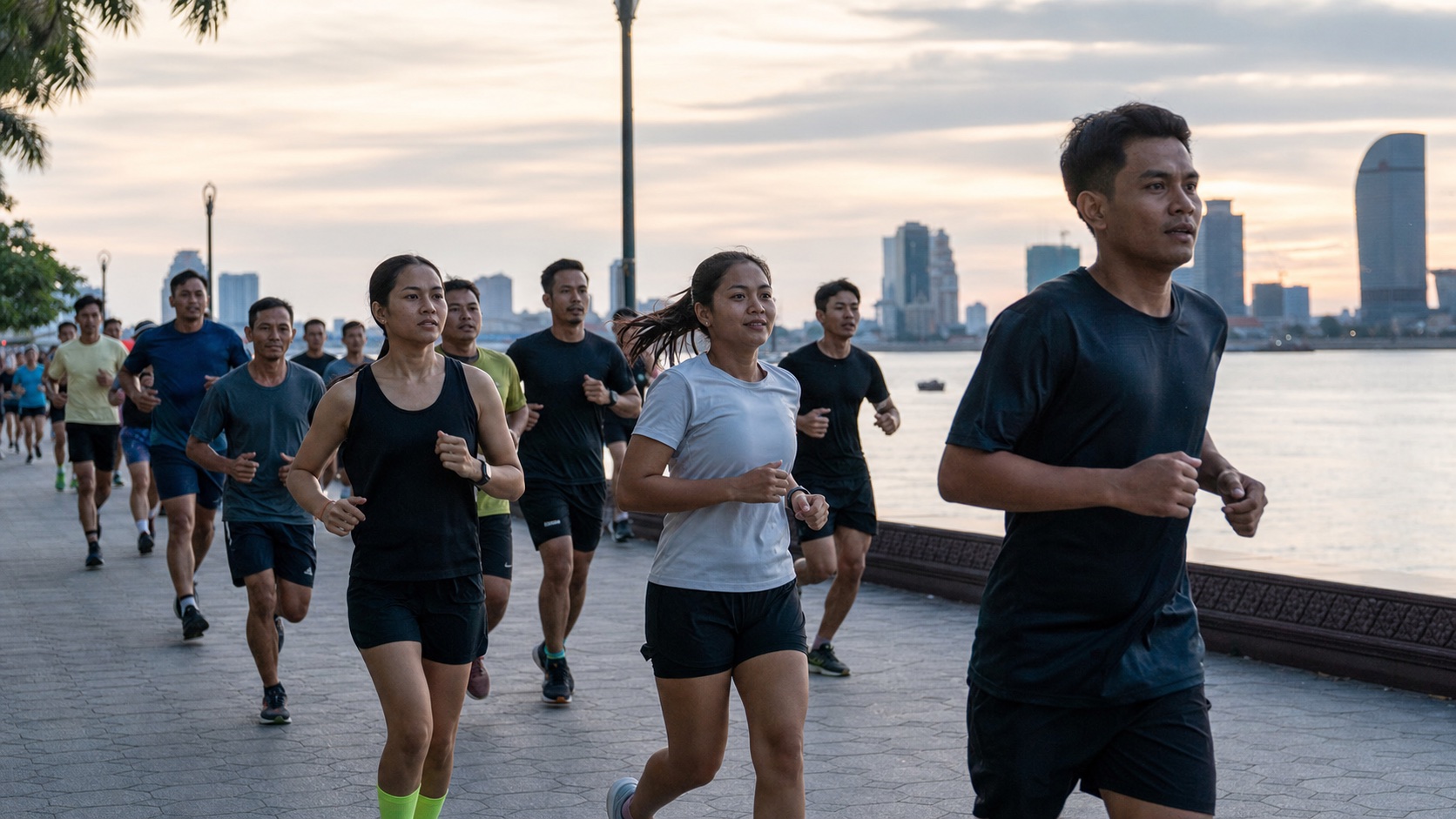 Unity runners moving together along the Phnom Penh riverside at dawn